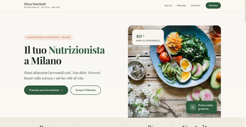 Anteprima sito Nutrizionista: Hero chiaro su crema, verde bosco su CTA e headline, split testo/immagine con pi