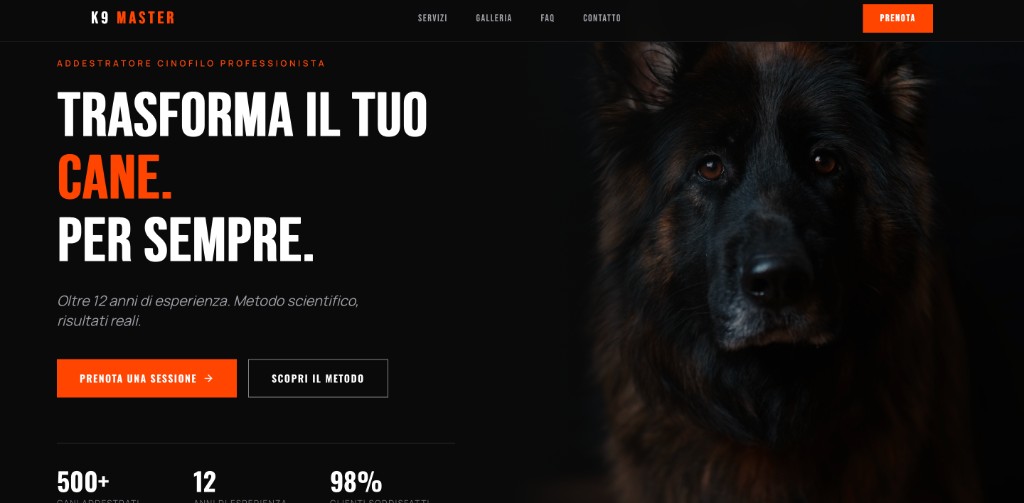 Anteprima sito K9 MASTER: Hero scuro con arancio su headline e CTA, cane in primo piano e barra statistich