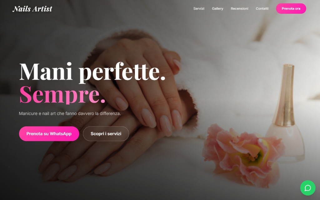 Anteprima sito Nails Studio: Hero elegante e CTA visibili subito: trasmette cura, igiene e disponibilità in z