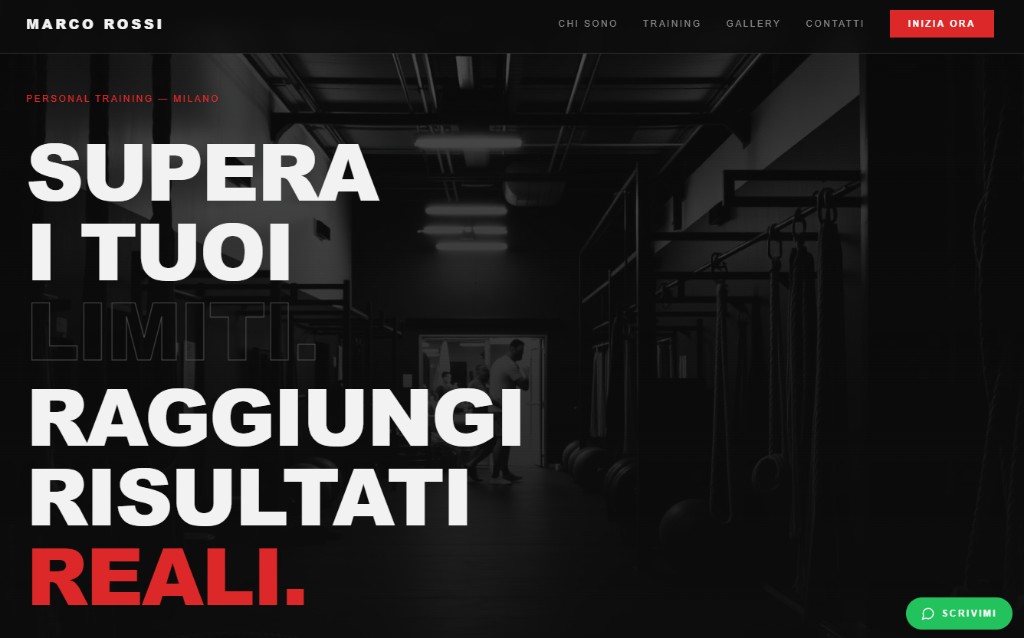 Anteprima sito Personal Trainer: Hero scuro ad alto impatto, rosso su CTA e headline: ideale per PT e palestre ch