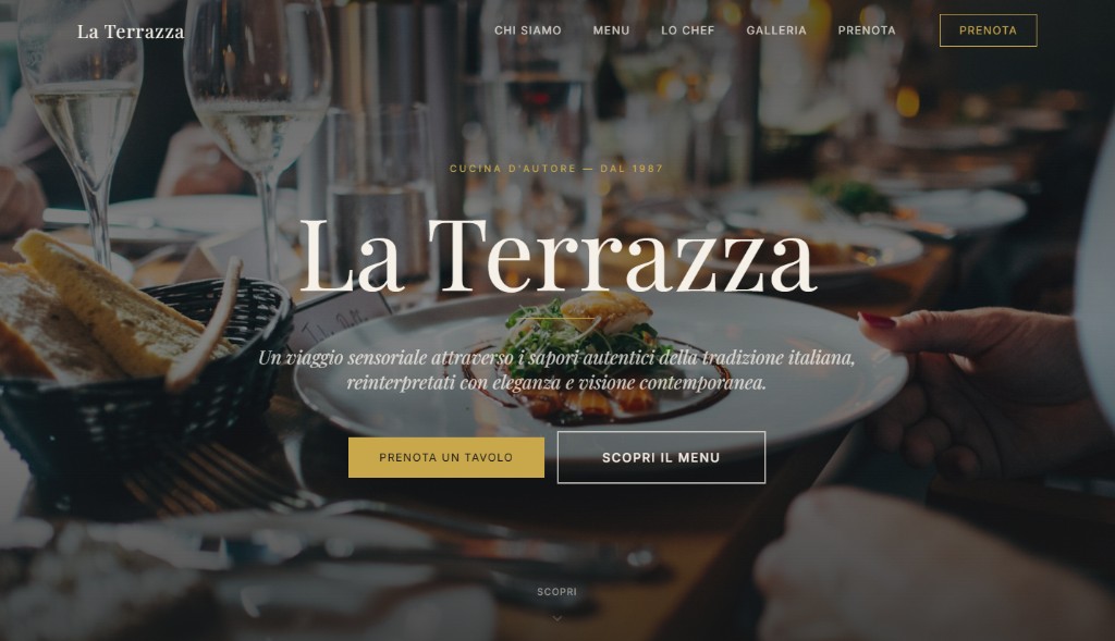 Anteprima sito La Terrazza: Hero elegante su foto piatto e sala, serif luxury e accenti oro sulle CTA: perfe