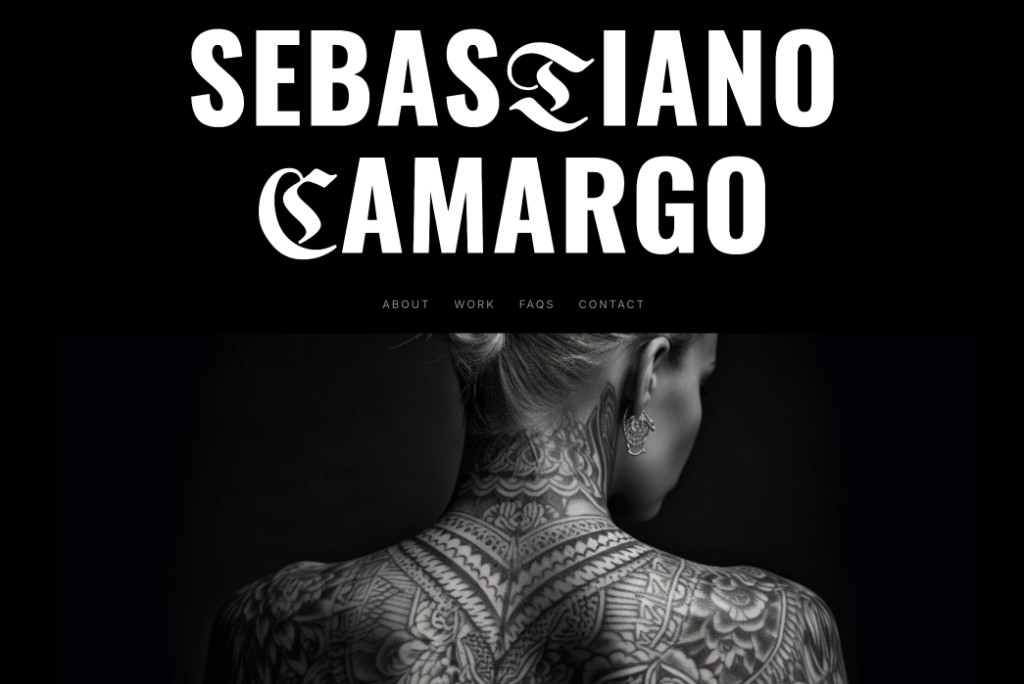 Anteprima sito Sebastiano Camargo: Tatuatore professionista: hero in bianco e nero con tipografia marcata, menu ess