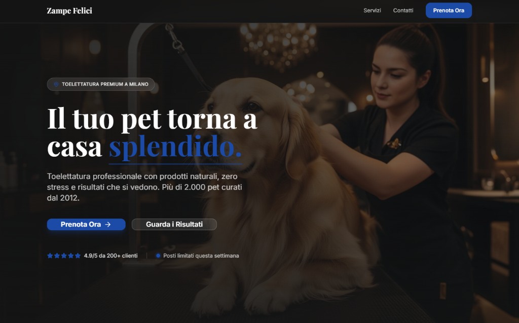 Anteprima sito Zampe Felici: Hero scuro premium, headline evidenziata e CTA blu: perfetto per toelettatura ch
