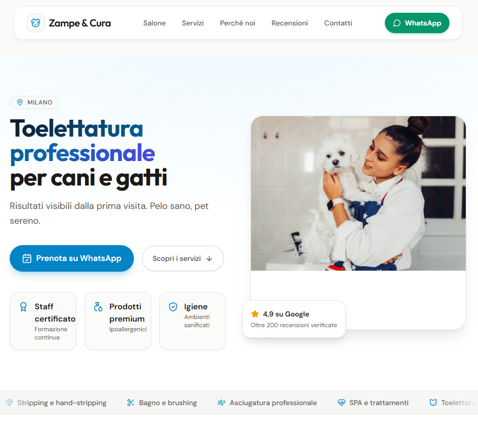 Esempio sito web toelettatura professionale Zampe e Cura, homepage mobile-first